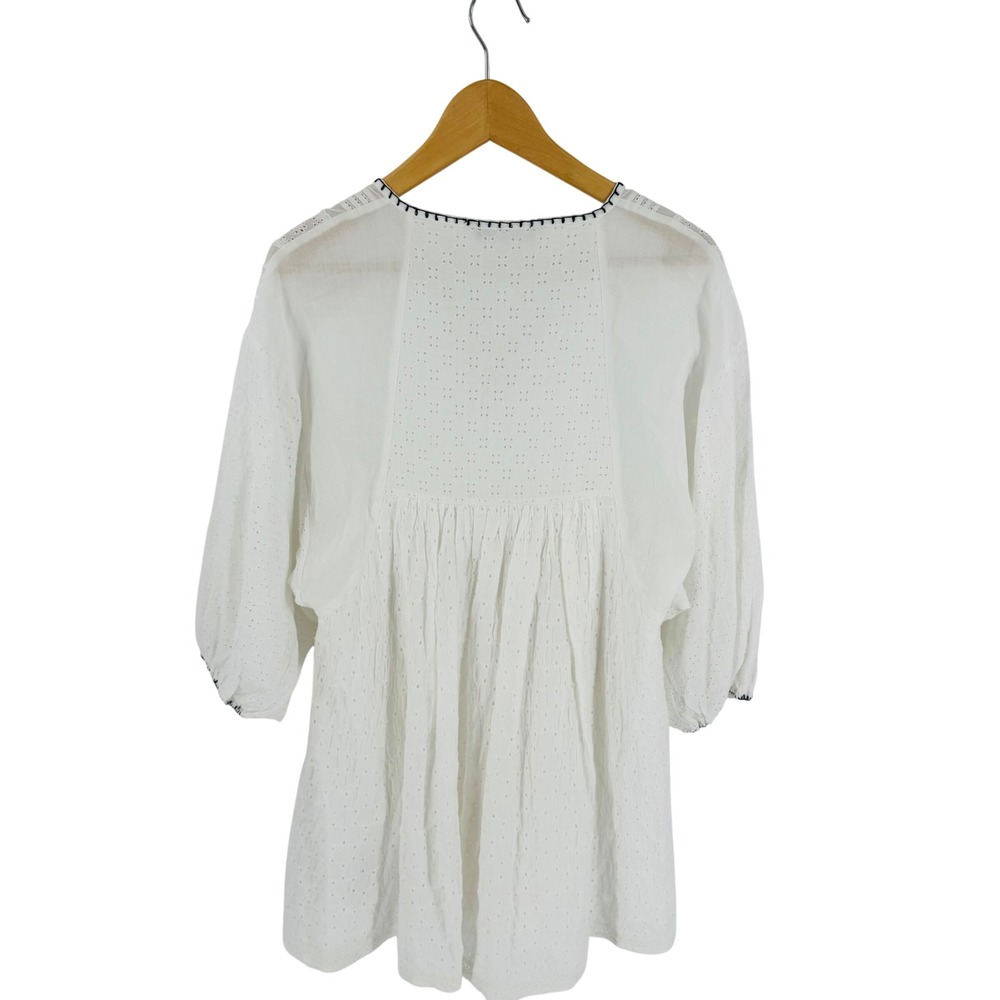 Zara White Eyelet Peasant Mini Dress Size M Boho Embroidered Puff Sleeve Cottage - Picture 2 of 8